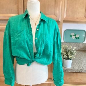 Rachel Zoe 100% Linen Kelly Green Button-Down Shirt